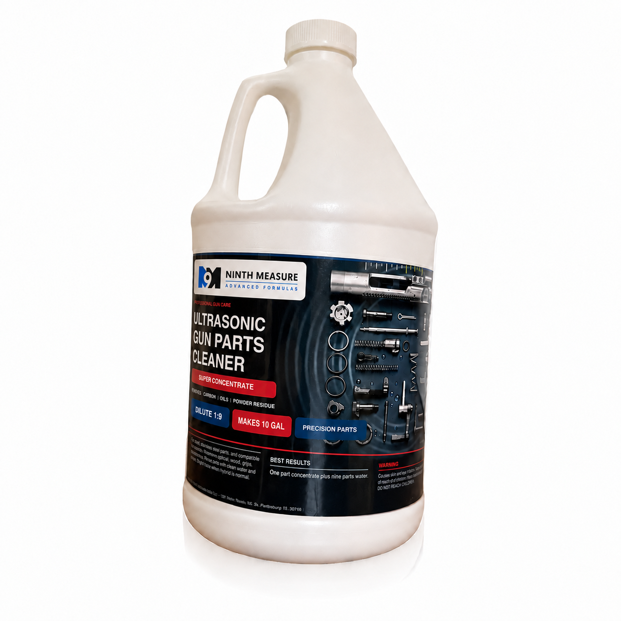 Ninth Measure Ultrasonic Gun Parts Cleaner with the blue Counter Nine identity on the real opaque handled one-gallon jug